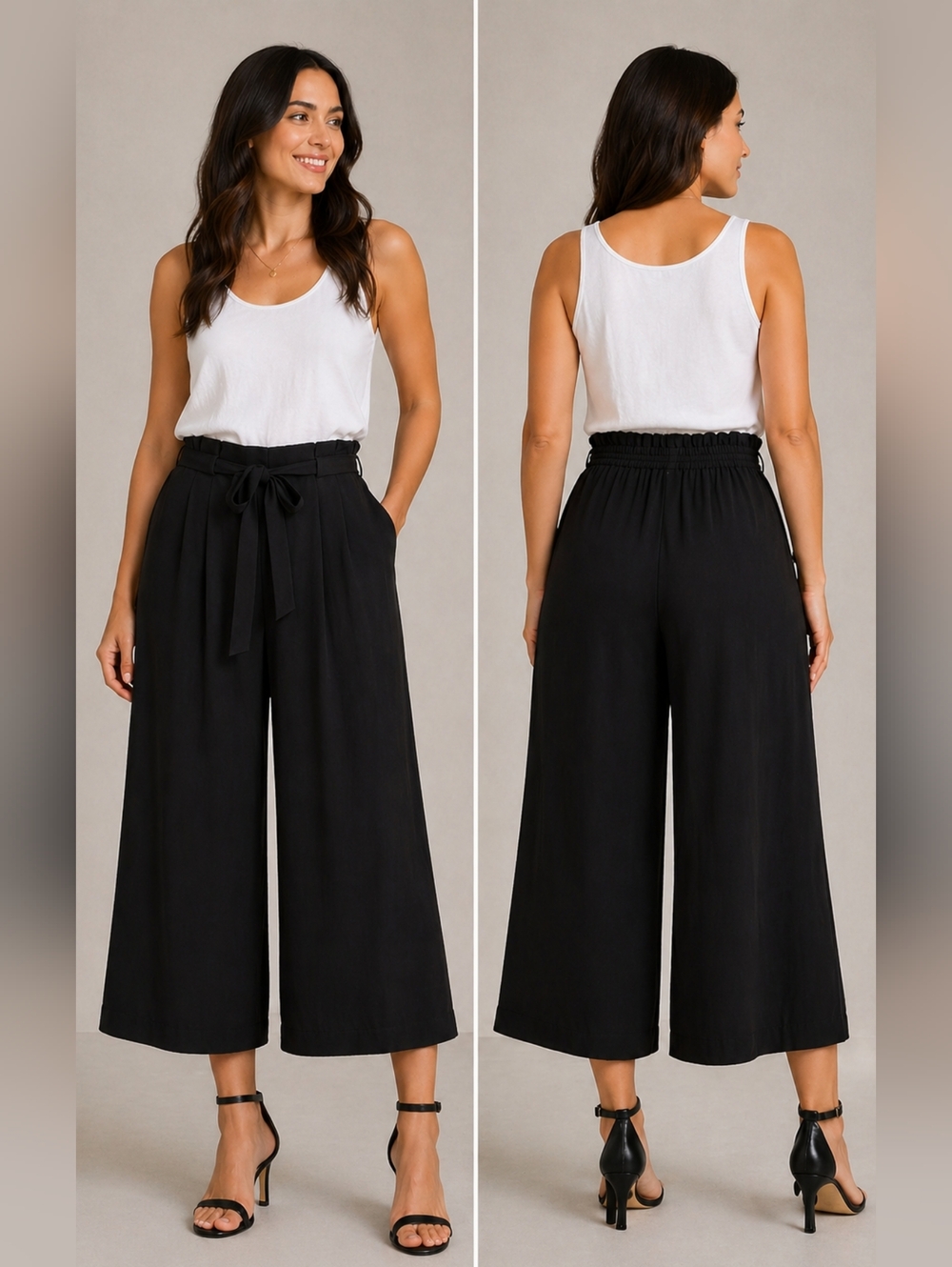 Adrianna Papell Black Paperbag High Waist Wide Leg Palazzo Pants Size 8
